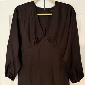 Elegant Brown Long Sleeve Satin Dress